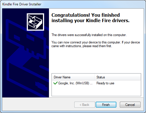 Kindle Fire driver installation confirmation.