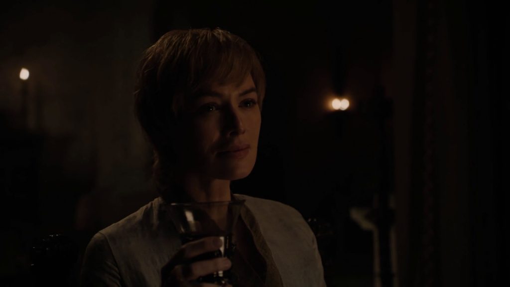 Cersei sips her wine after making out with Euron Greyjoy. Game of Thrones Season 8 Premier.